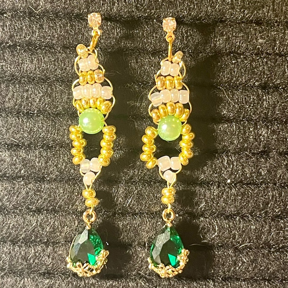 Elegant Gold and Green Beaded Earrings